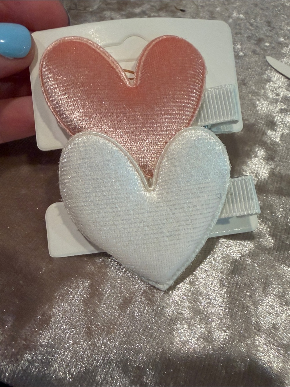 Heart Shape Velvet Hair Clips for Kids - Pink and White